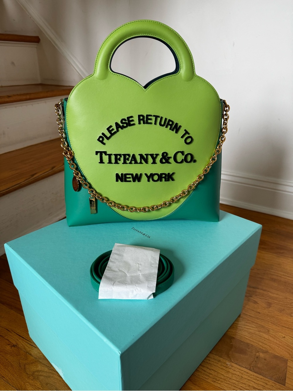 Tiffany & Co. Lime Green and Teal Heart Tote with Gold Chain